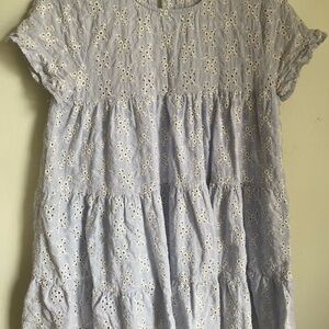 Olivaceous baby blue eyelet-embroidered tiered dress